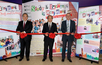 The Secretary for Education, Mr Eddie Ng Hak-kim (C), and Chairman of the Education Commission, Dr Moses Cheng (L), and Professor Richard James, Pro Vice-Chancellor (Equity and Student Engagement) of University of Melbourne (R), kick off a roving exhibition at the University of Melbourne to promote Hong Kong as a regional education hub.