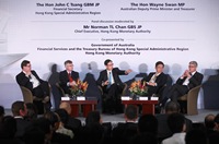 The Chief Executive of the Hong Kong Monetary Authority, Mr Norman Chan (centre), leads a panel discussion on promoting the wider use of Renminbi (RMB) in cross-border trade and investment. Panelists joining the discussion are (from left) the Chief Executive Officer of ANZ International and Institutional Banking Division, Mr Alex Thursby; the Secretary to the Treasury of Australia, Dr Martin Parkinson; the Vice Chairman and Chief Executive of Bank of China (Hong Kong) Limited, Mr He Guangbei; and Finance Director of Jardine Pacific Limited, Mr Geoffrey Brown.